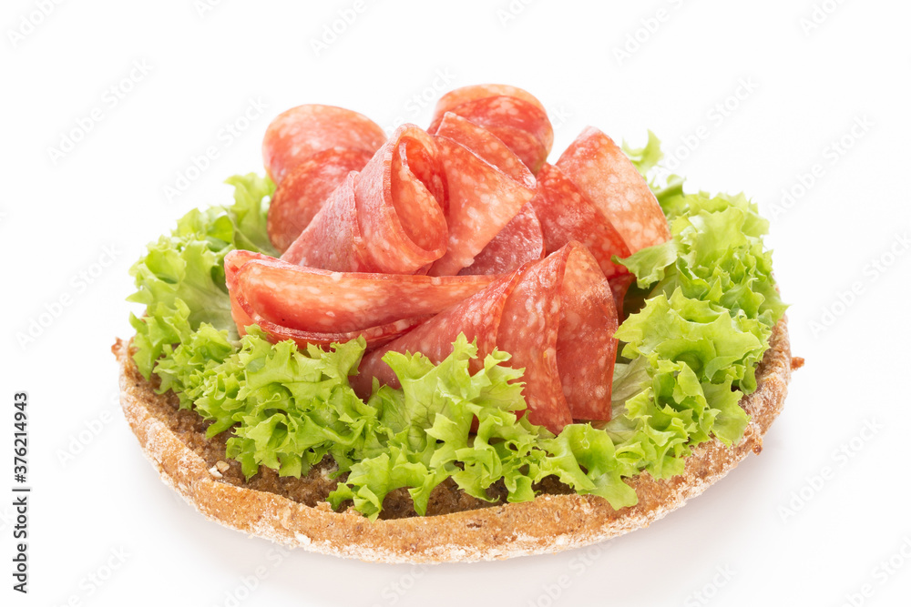 Sandwich with salami sausage on white background.