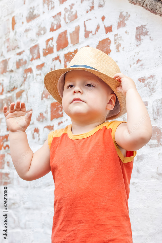 Portrait of a boy in a hat. A child poses in a beautiful hat.
Portrait of a boy in a hat. A child poses in a beautiful hat.