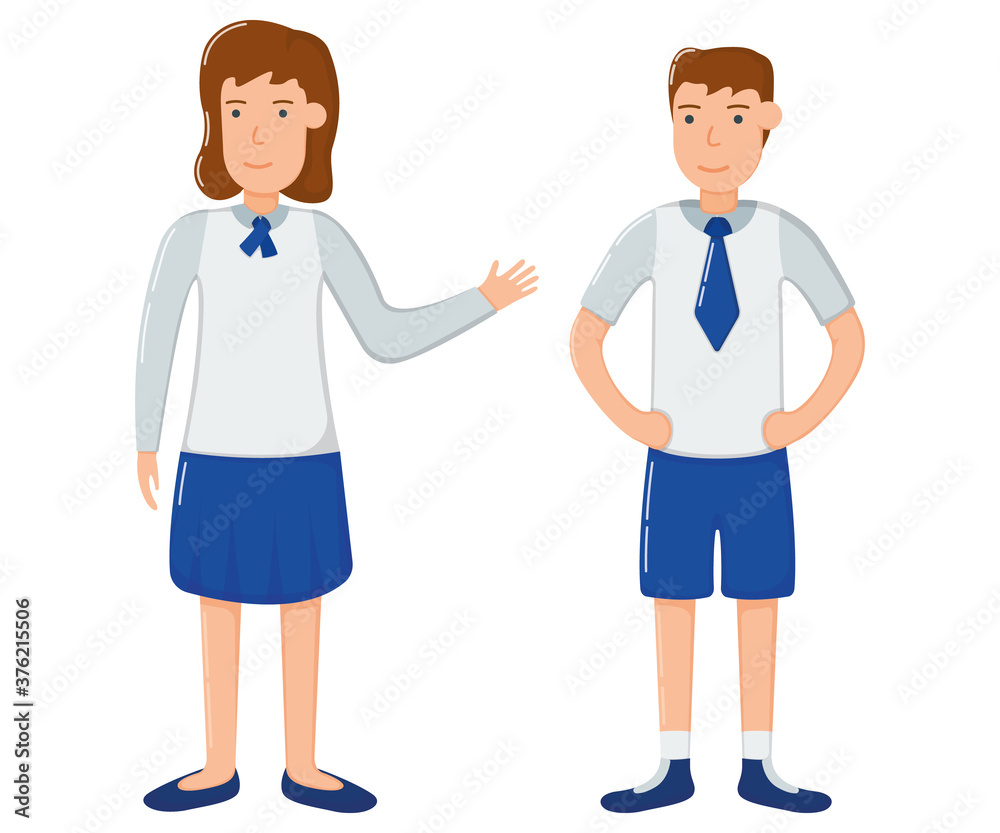 Student girl and boy character in school clothes, concept woman man standing isolated on white, flat vector illustration. Smiling schoolchild together.