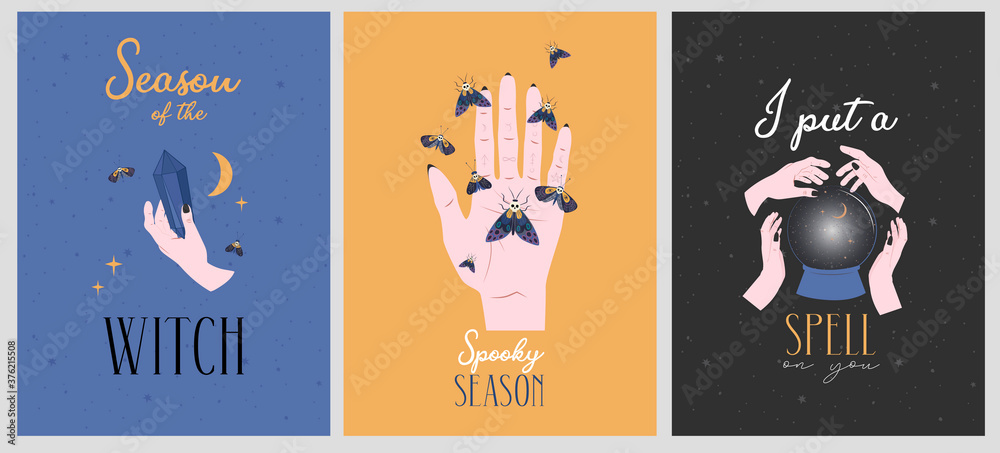 Set of Happy Halloween greeting card or poster with mystical elements. Crystal ball, crystal, insects and hands of fortune teller. Editable vector illustration.