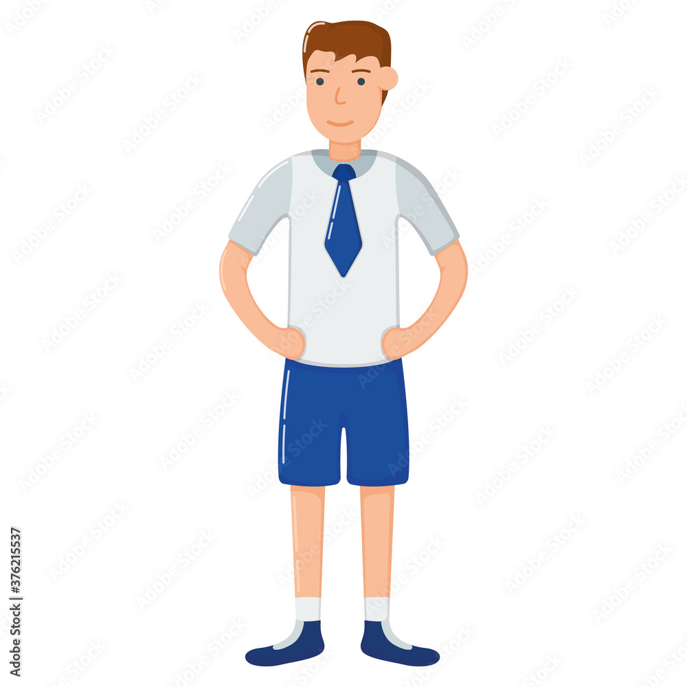 Student boy character in school clothes, concept man standing isolated on white, flat vector illustration. Smiling cartoon school child. Student boy character in school clothes, concept man standing isolated on white, flat vector illustration. Smiling cartoon school child.