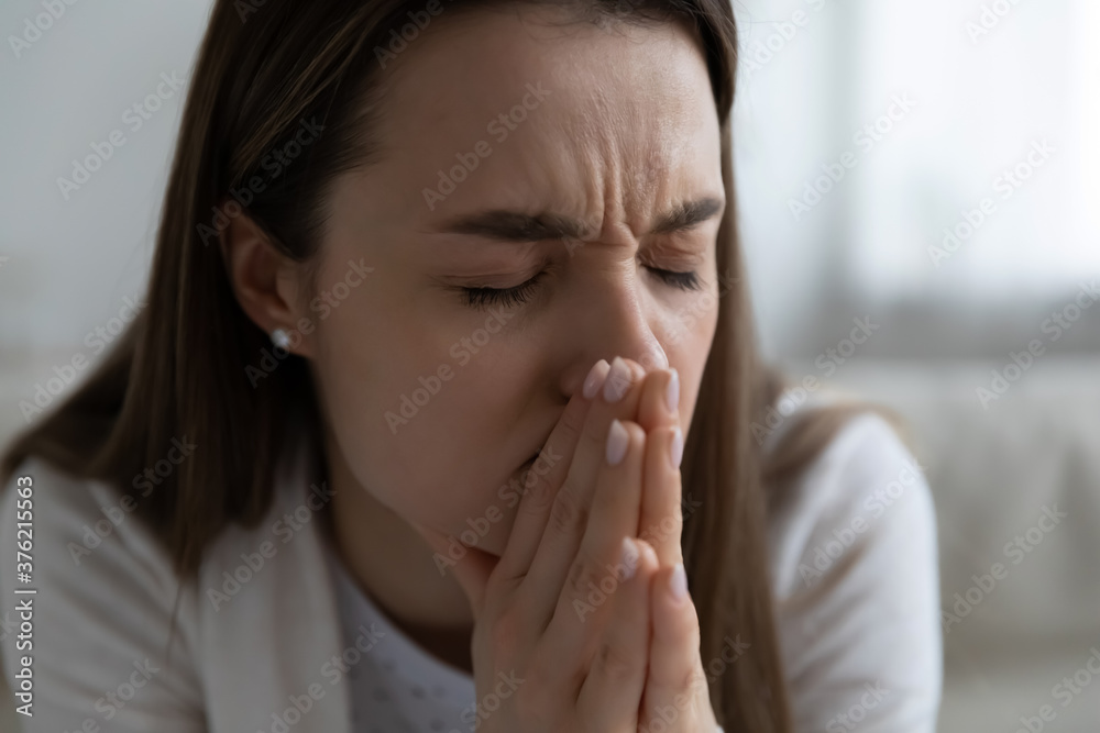 Depressed unhappy young woman suffering from personal psychological problems. Head shot close up nervous anxious millennial girl feeling doubtful about hard decision, stressful situation concept. Depressed unhappy young woman suffering from personal psychological problems. Head shot close up nervous anxious millennial girl feeling doubtful about hard decision, stressful situation concept.