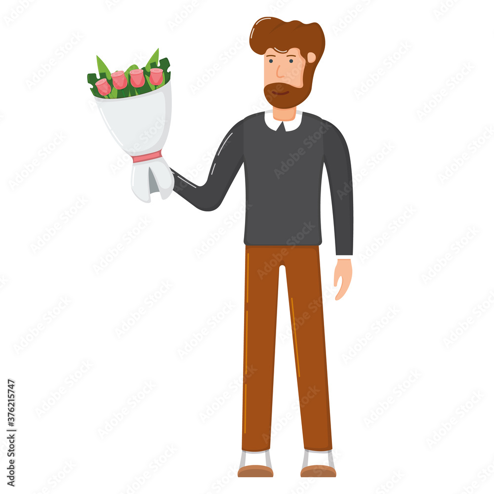 Male character hand hold bouquet flower, concept gift floret in decorative bundle flat icon vector illustration, man isolated on white. Male character hand hold bouquet flower, concept gift floret in decorative bundle flat icon vector illustration, man isolated on white.