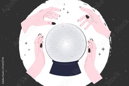 Happy Halloween party poster with mystical elements. Crystal ball  in hands of fortune teller. Editable vector illustration