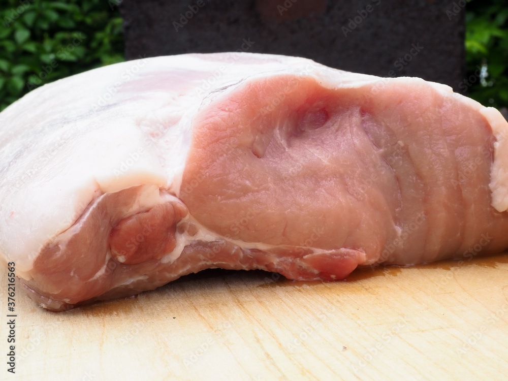 a piece of pork loin on the bone. meat on the bone. pork.
