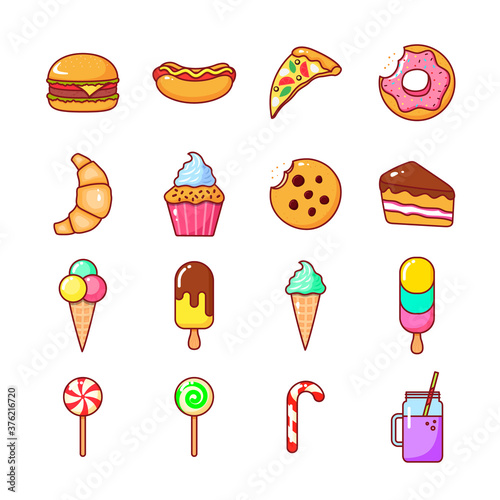 Set of isolated icons of food from a cafe and fast food on a white background. © Artur