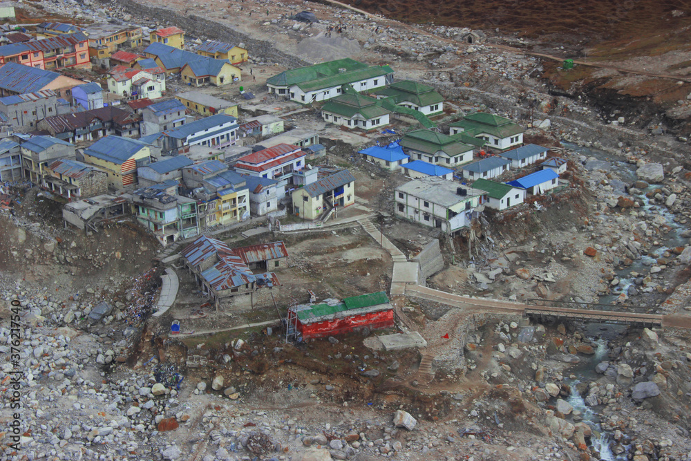 Kedarnath temple aerial view after Kedarnath Disaster 2013. Heavy loss