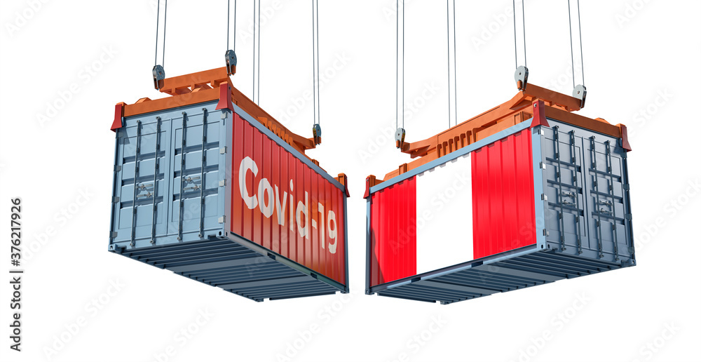 Container with Coronavirus Covid-19 text on the side and container with Peru Flag. 3D Rendering 