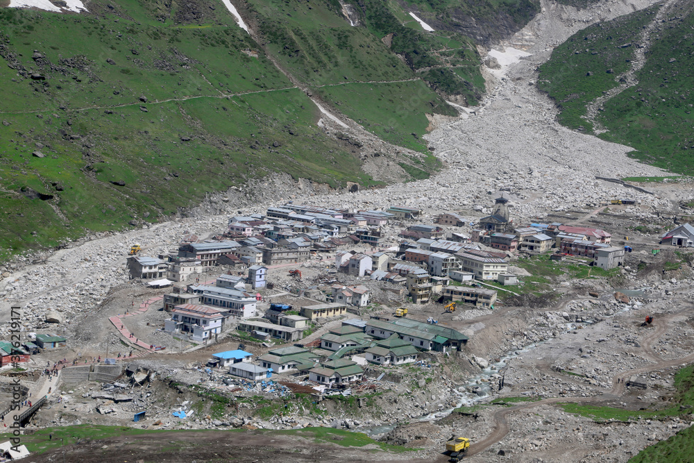 Kedarnath temple aerial view after Kedarnath Disaster 2013. Heavy loss