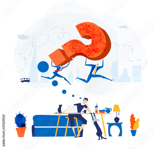 Man dreaming about professional success. Young man self-employed, self isolated working from home, and looking for new job. Quarantine, economy crisis, jobless people