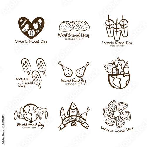 bundle of nine world food day celebration letterings line style icons