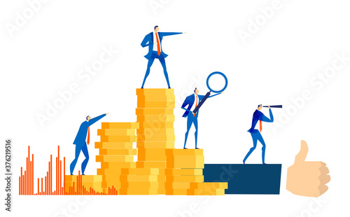 Group of successful business people, bankers stand at stacked up coins and looking to future for best investment, new business start up, financial growth and improvement. Salary, earnings, savings con