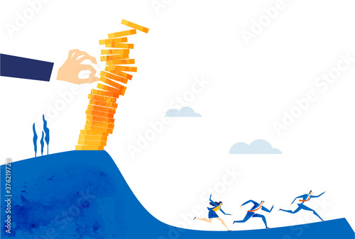Business people running away from falling stacked coins. Economy crisis, financial fall business concept illustration