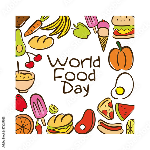world food day celebration lettering with food pattern flat style