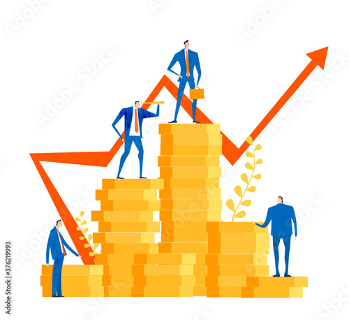 Group of successful business people, bankers stand at stacked up coins and looking to future for best investment, new business start up, financial growth and improvement. Salary, earnings, savings 