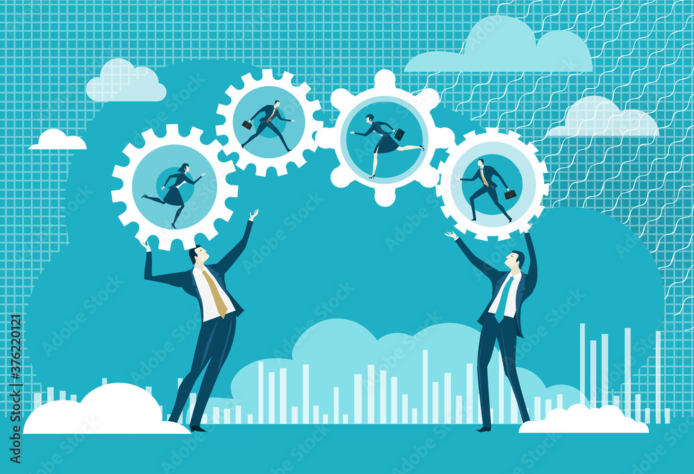 Successful business people playing with gears as symbol of control, professional success, work international, global business. Business concept illustration Successful business people playing with gears as symbol of control, professional success, work international, global business. Business concept illustration