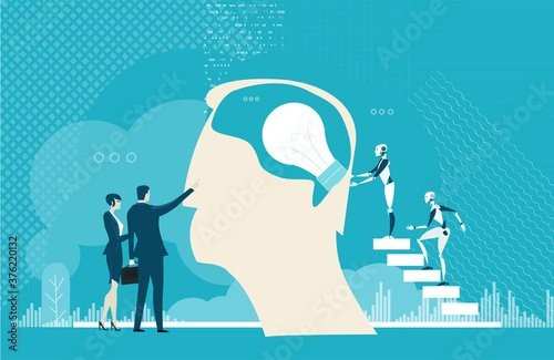Robots vs people. Artificial intelligence, nano technology, people working together with cyborgs. Business concept illustration