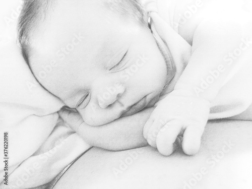 Malarstwo. Ręcznie wykonany rysunek ołówkiem - portret profilowy. Śpiący noworodek. 