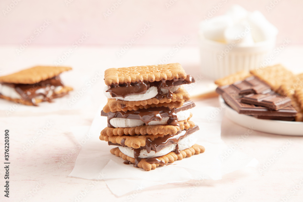 Smores dessert made with chocolate and marshmallows Smores dessert made with chocolate and marshmallows