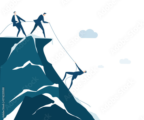 Business people helping a man to get up the mountain as symbol of finding solution, solving the problem, achievement, help and protection. Business concept illustration