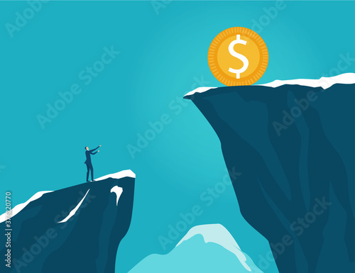 Businessman stands on top of mountain and looking for new target, achievements. 