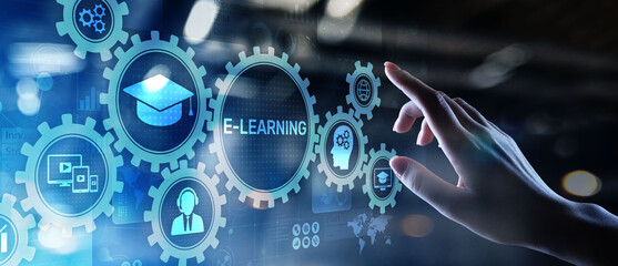 E-learning, Online education, internet studying. Business, technology and personal development concept on virtual screen