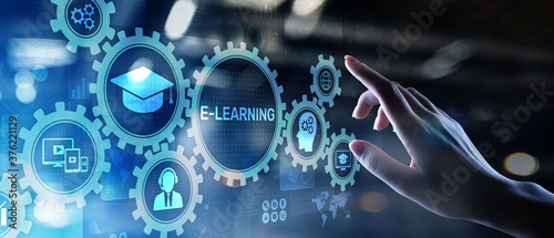 Plakat E-learning, Online education, internet studying. Business, technology and personal development concept on virtual screen