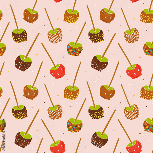 Caramel apples seamless pattern, various toffee apples-on-a-stick with various topping with caramel dipping, hand drawn doodle illustration, vector background