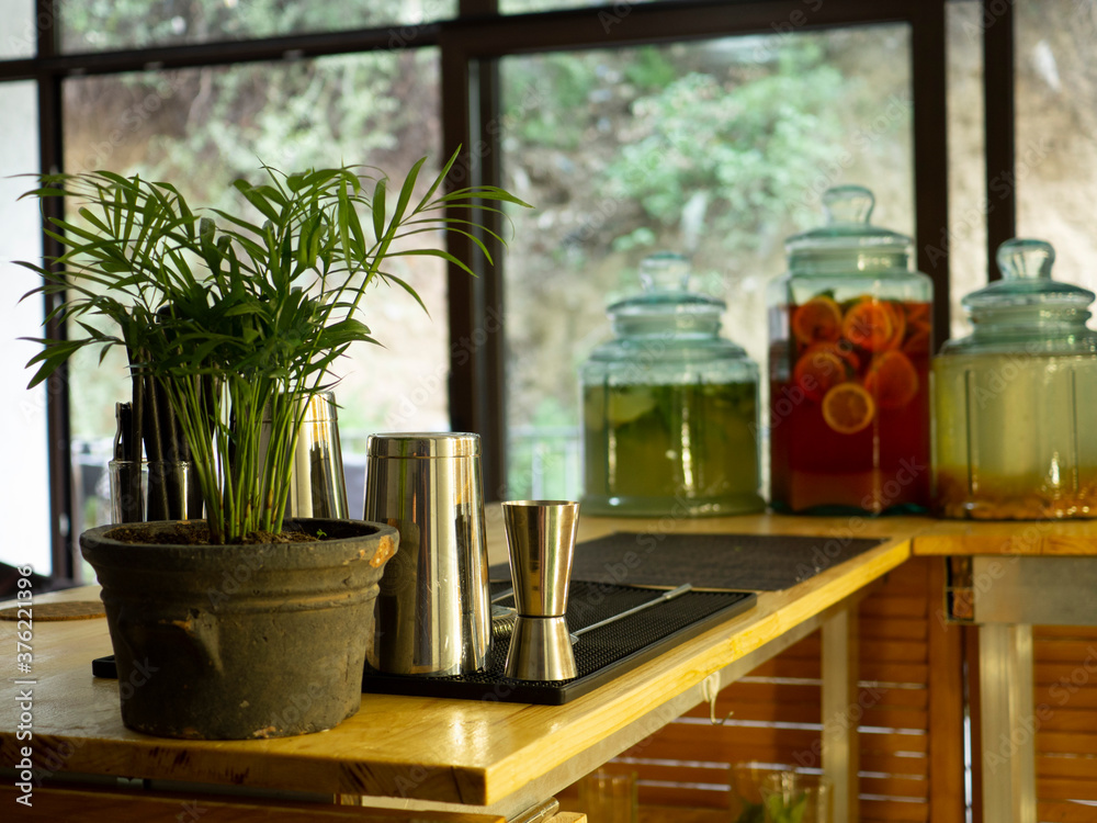 Home bar counter with kitchen utensils, bar catering Home bar counter with kitchen utensils, bar catering