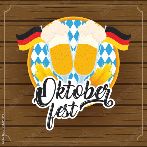 oktoberfest party lettering in poster with beers cups and germany flags wooden background