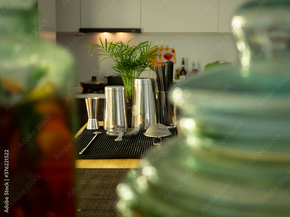Home bar counter with kitchen utensils, bar catering Stock Photo