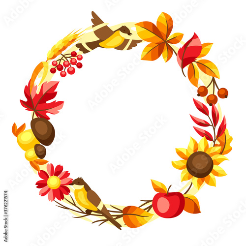 Autumn frame with seasonal leaves and items.