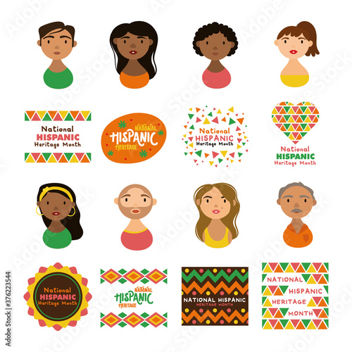 people characters and national hispanic heritage letterings flat style icons
