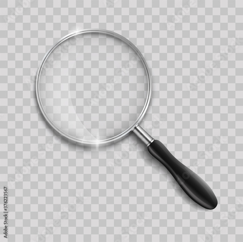 Magnifying glass with steel frame. Realistic Magnifying glass lens on transparent background. 3d magnifier loupe vector illustration