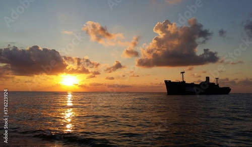 ship in the sunset on the sea 