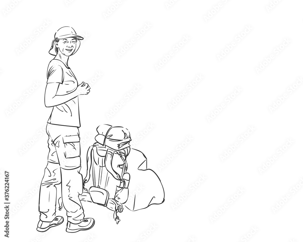 Drawing of girl standing with backpack down on ground and smiling, Vector sketch Hand drawn linear illustration isolated