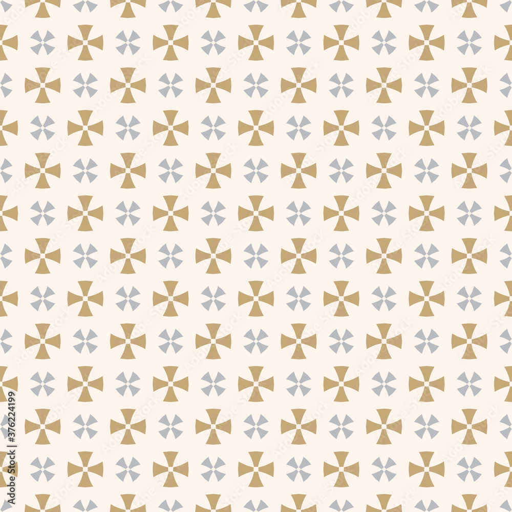 Vector geometric ornament. Simple abstract floral seamless pattern. Luxury background in white, gold and gray color. Vintage texture with golden and silver crosses, flower silhouettes. Repeat design Vector geometric ornament. Simple abstract floral seamless pattern. Luxury background in white, gold and gray color. Vintage texture with golden and silver crosses, flower silhouettes. Repeat design