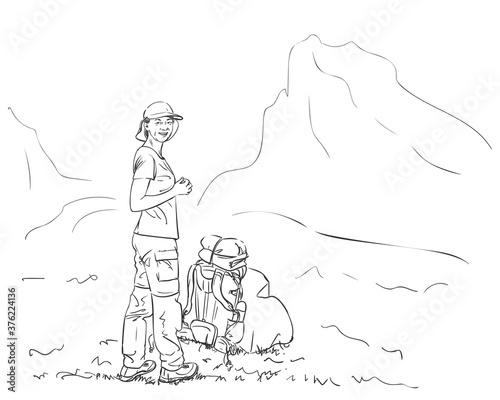 Girl is standing in mountains with backpack on ground, looking at camera and smiling, Vector sketch Hand drawn linear illustration