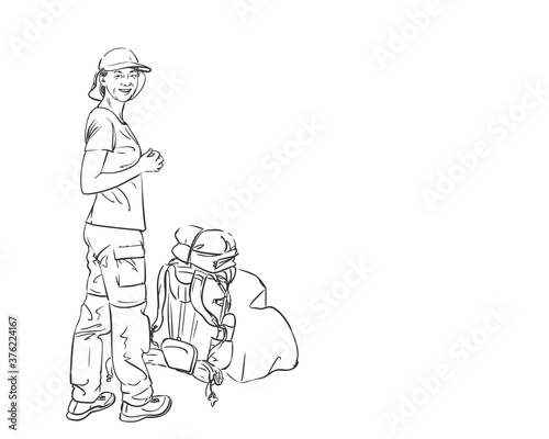 Drawing of girl standing with backpack down on ground and smiling, Vector sketch Hand drawn linear illustration isolated