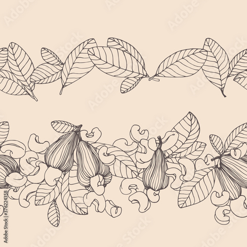 horizontal seamless pattern of peeled cashew nuts, leaves & fruits, for ornaments, menu decorations, color vector illustration with sepia contour lines on a milky background in a hand drawn style