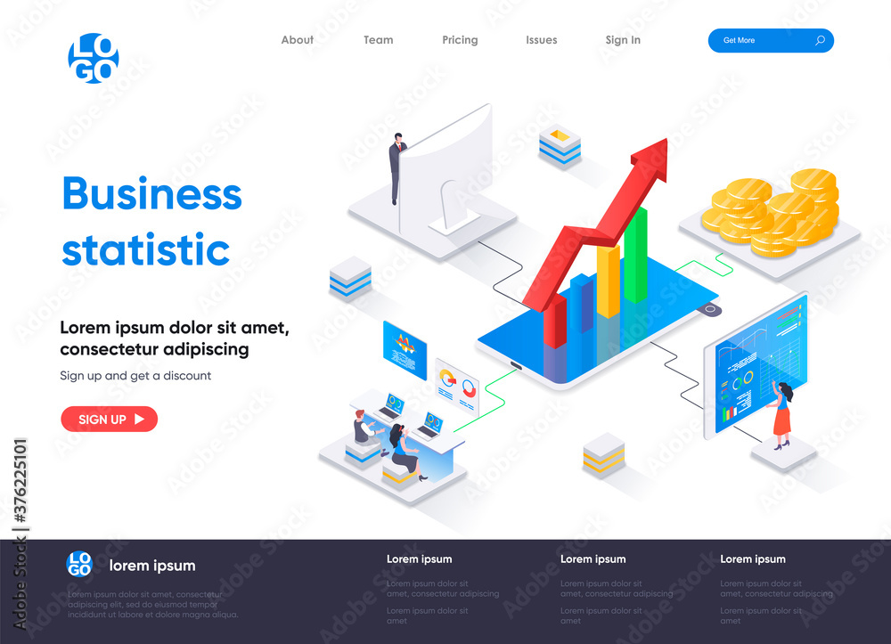 Business statistic isometric landing page. Statistical research isometry concept. Business consulting, financial accounting and analytics flat web page. Vector illustration with people characters.