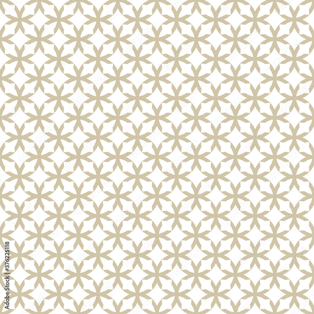 Golden grid texture. Vector geometric seamless pattern with crosses, grid, lattice, flower silhouettes. Floral geometrical ornament. Simple white and gold background. Luxury repeat design for decor