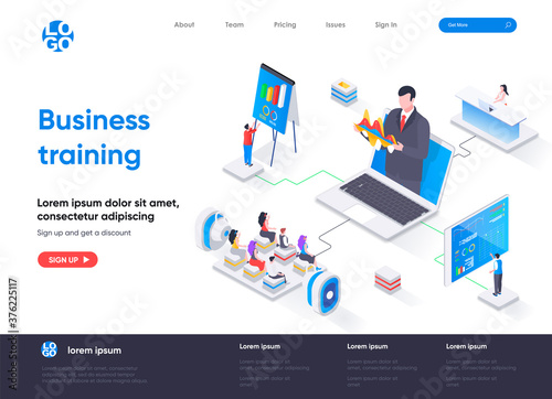 Business training isometric landing page. Business workshop, online webinar with coach isometry concept. Professional skills development flat web page. Vector illustration with people characters.