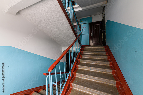 Russia, Moscow- February 15, 2020: interior public place, house entrance. doors, walls, staircase corridors