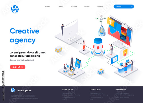 Creative agency isometric landing page. Creative design workshop isometry concept. Professional branding, creativity and ideas visualization flat web page. Vector illustration with people characters.
