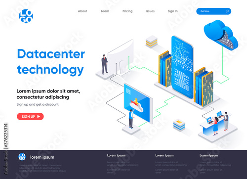 Data center technology isometric landing page. Internet hosting service isometry concept. Data center computing and networking equipment flat web page. Vector illustration with people characters.
