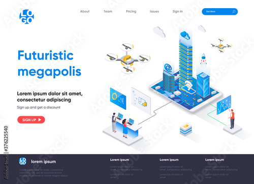 Futuristic megapolis isometric landing page design. Modern architecture and digital technologies isometry concept. Smart city, urban hitech flat web page. Vector illustration with people characters.