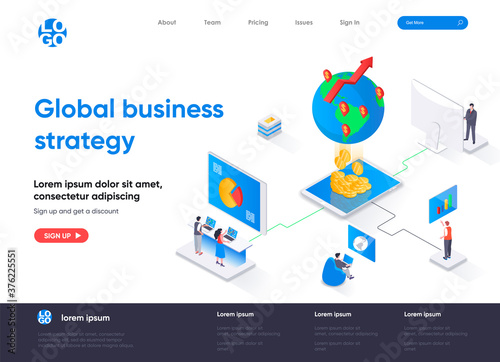 Global business strategy isometric landing page. International corporation management isometry concept. Data analysis and strategy planning flat web page. Vector illustration with people characters.