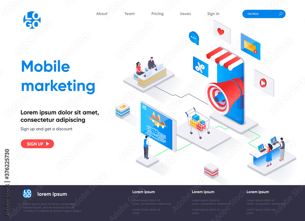 Mobile marketing agency isometric landing page. Targeting marketing campaign isometry concept. Mobile platform for advertising and promotion flat web page. Vector illustration with people characters.