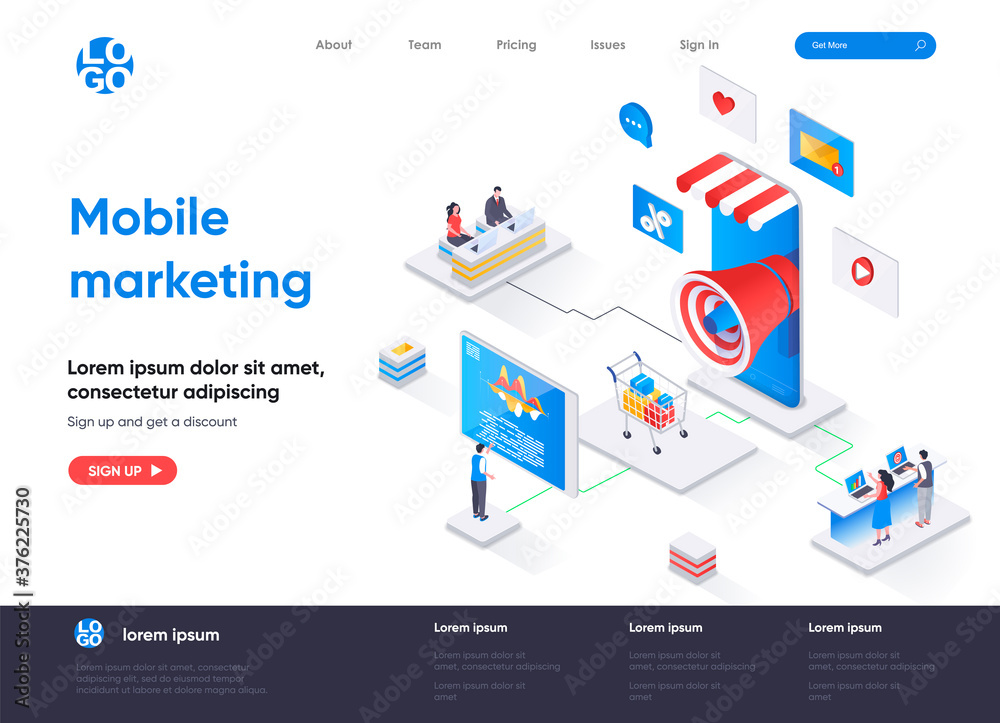Mobile marketing agency isometric landing page. Targeting marketing campaign isometry concept. Mobile platform for advertising and promotion flat web page. Vector illustration with people characters. Mobile marketing agency isometric landing page. Targeting marketing campaign isometry concept. Mobile platform for advertising and promotion flat web page. Vector illustration with people characters.